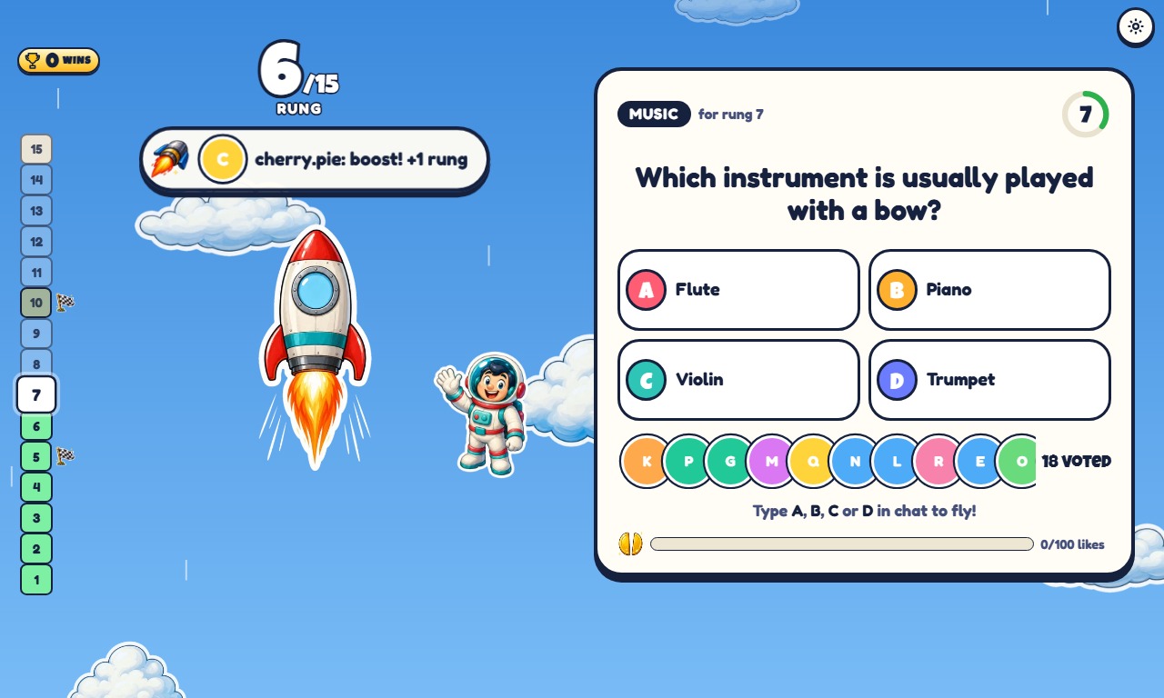Quiz Rocket gameplay screenshot 1 — an interactive TikTok Live game on ScrollPlay