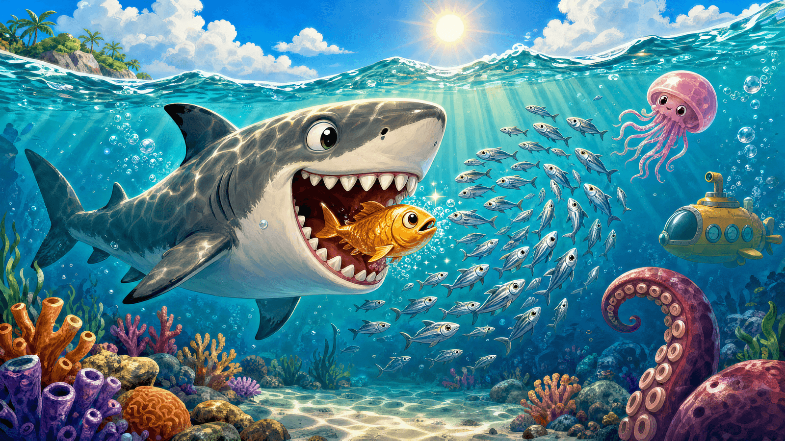 Key art Feed the Shark — game interaktif TikTok Live di ScrollPlay