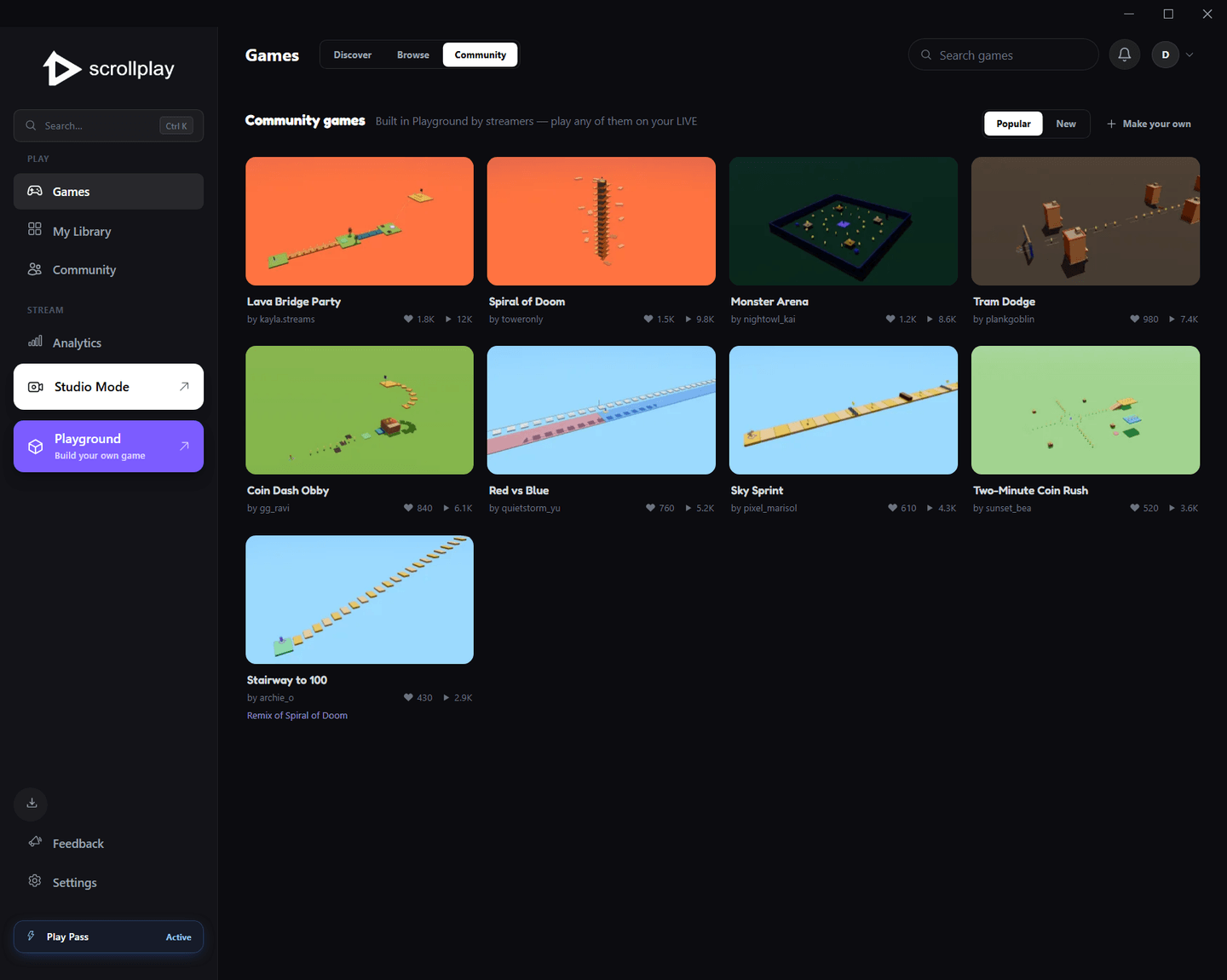 Community games in the ScrollPlay launcher: TikTok Live games other streamers built in Playground