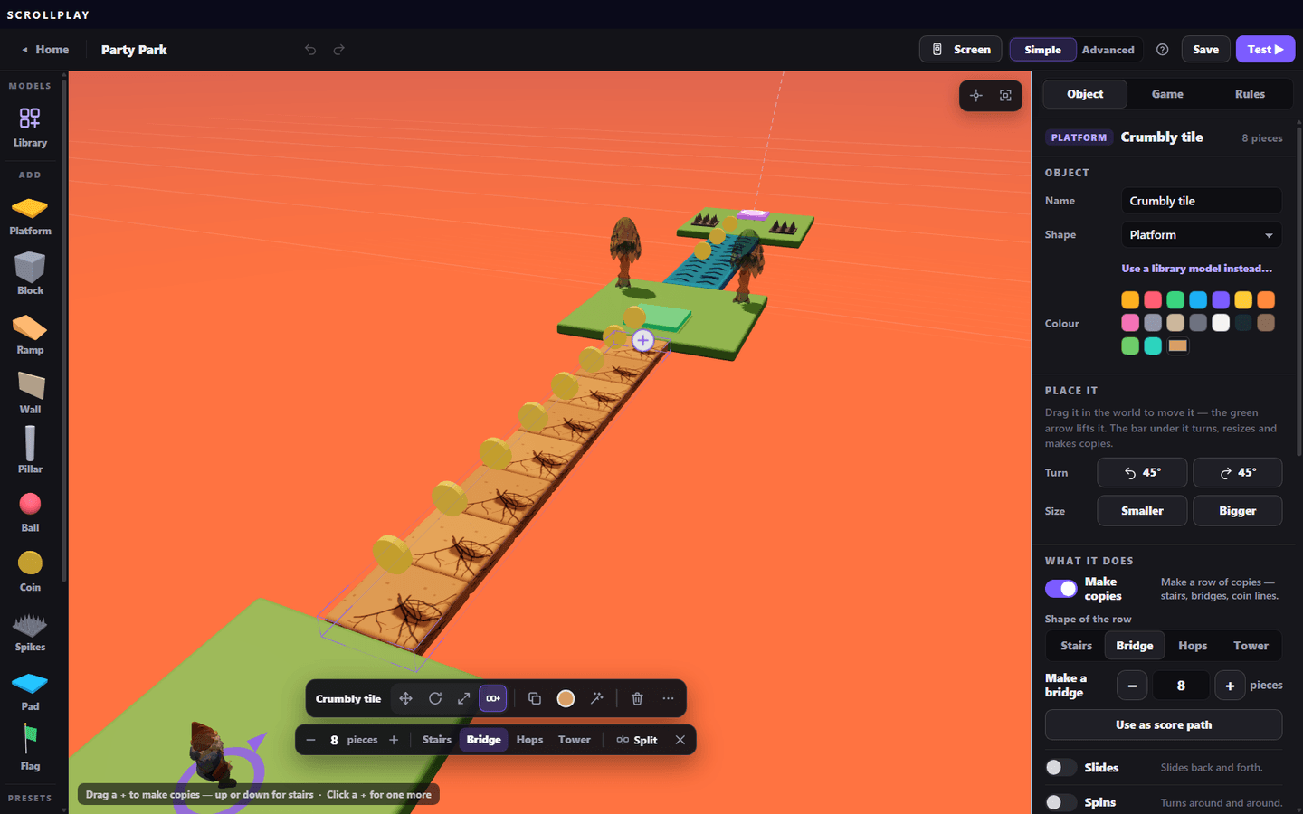 The ScrollPlay Playground editor, repeating a platform into a bridge with the quick bar open: building a TikTok Live game with no code