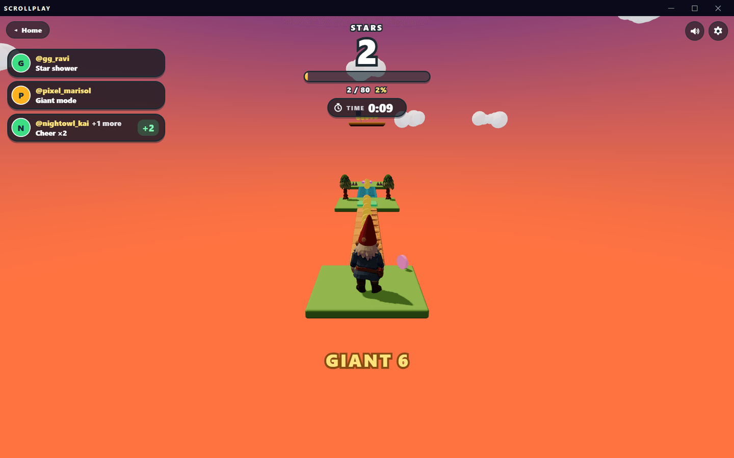 A ScrollPlay Playground game on stream, with viewer gift alerts, the score and a gift-triggered giant mode