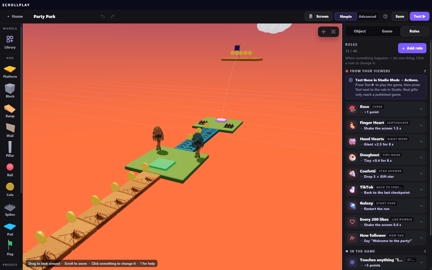The Rules tab in ScrollPlay Playground, wiring TikTok gifts, likes and follows to what happens in the game
