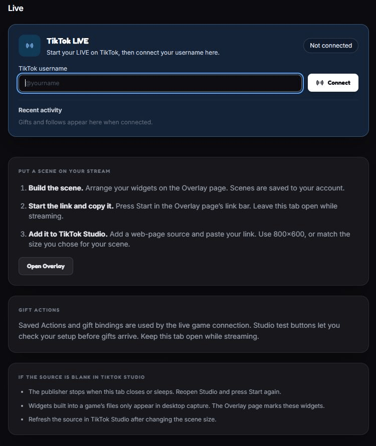 The actual Web Launcher TikTok LIVE connection panel and Studio streaming instructions