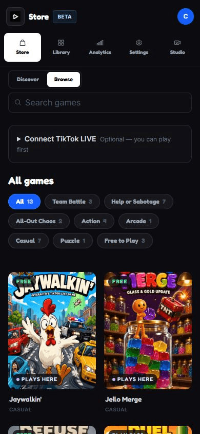 ScrollPlay Web Launcher in a phone-sized browser viewport with five navigation tabs and a two-column game catalog